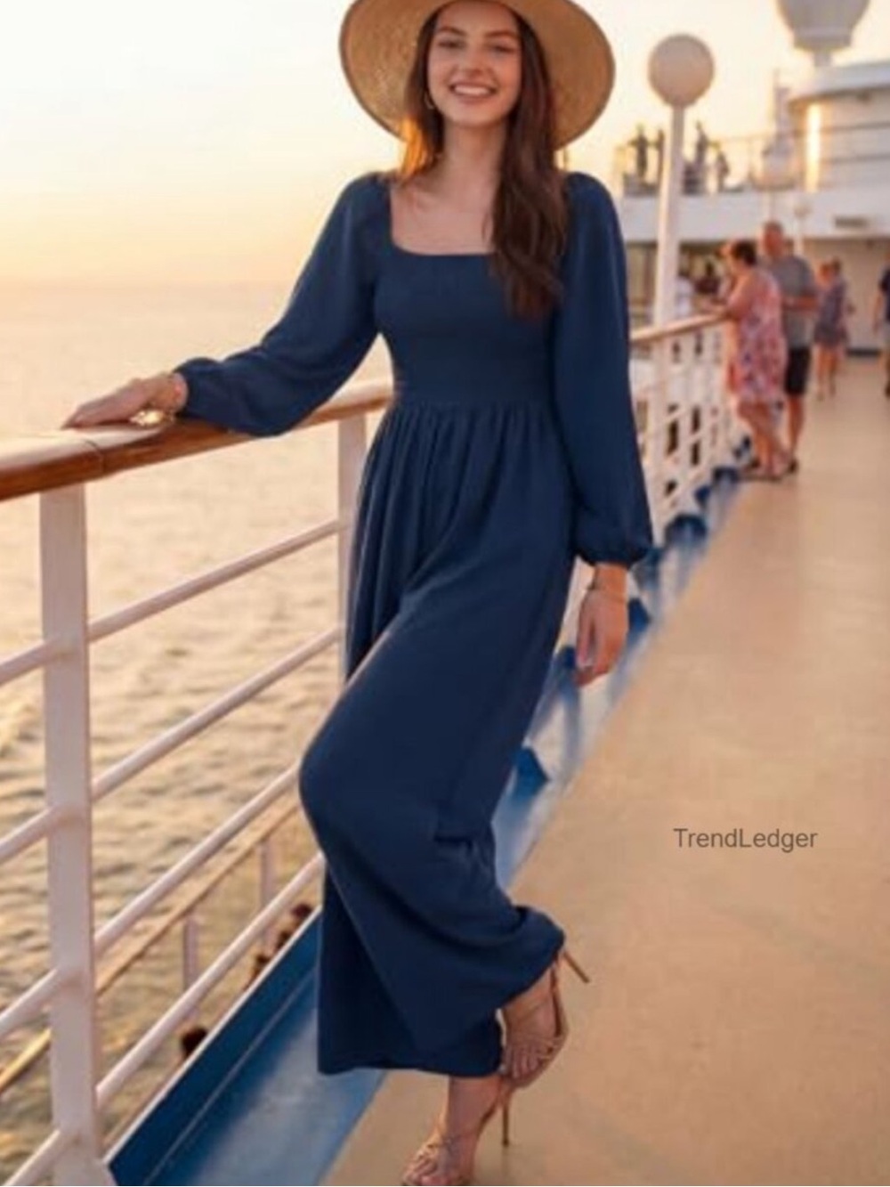 Smocked Square-Neck Navy Long-Sleeve Wide-Leg Jumpsuit no Pockets